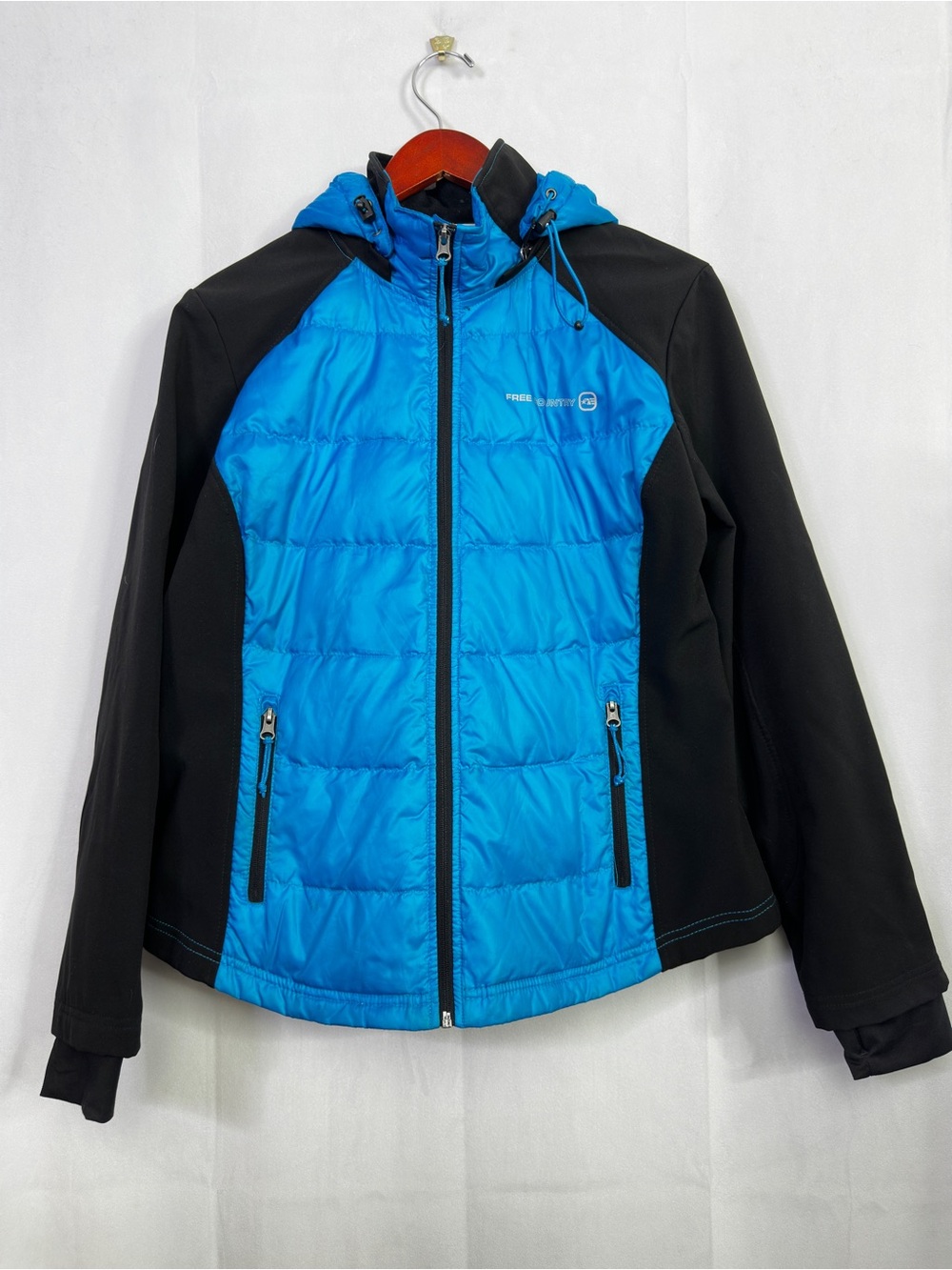 Free Country Quilted Jacket Womens Panel Down Puffer Blue XL Winter Bright Hood
